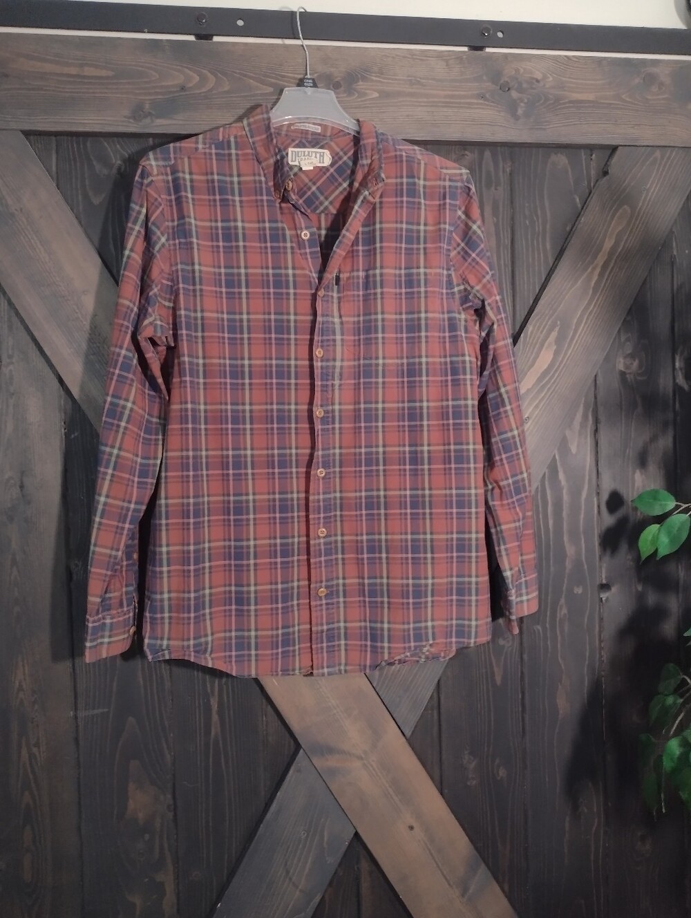 Duluth Trading Co Men's Rust and Blue Plaid Button-Down Shirt Slim Fit Sz LT